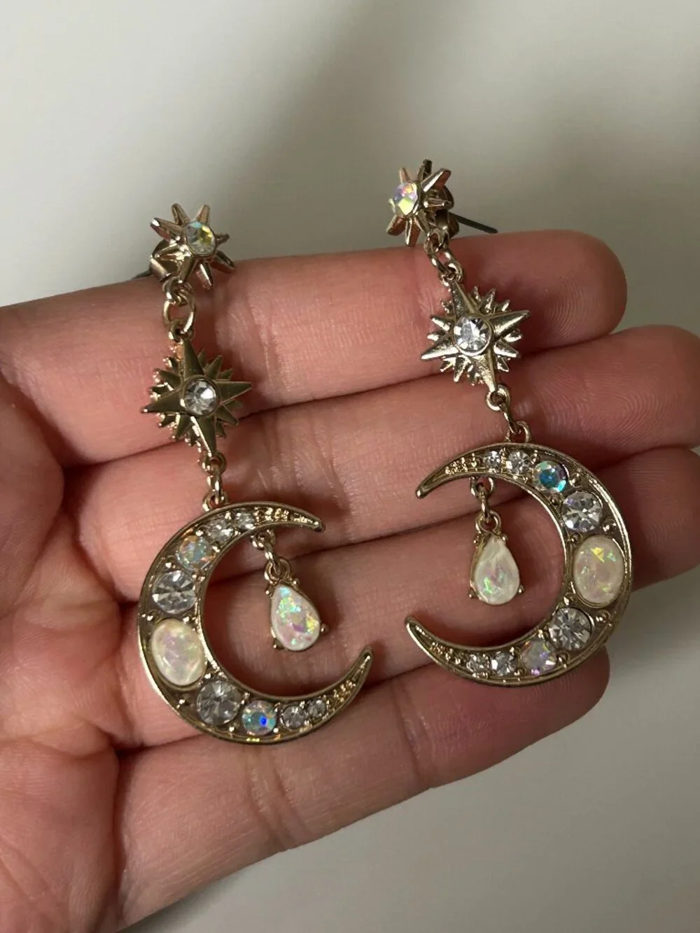 Claire's Celestial Gold-Tone Dangle Earrings Moon Stars Opals Whimsigoth Fairy